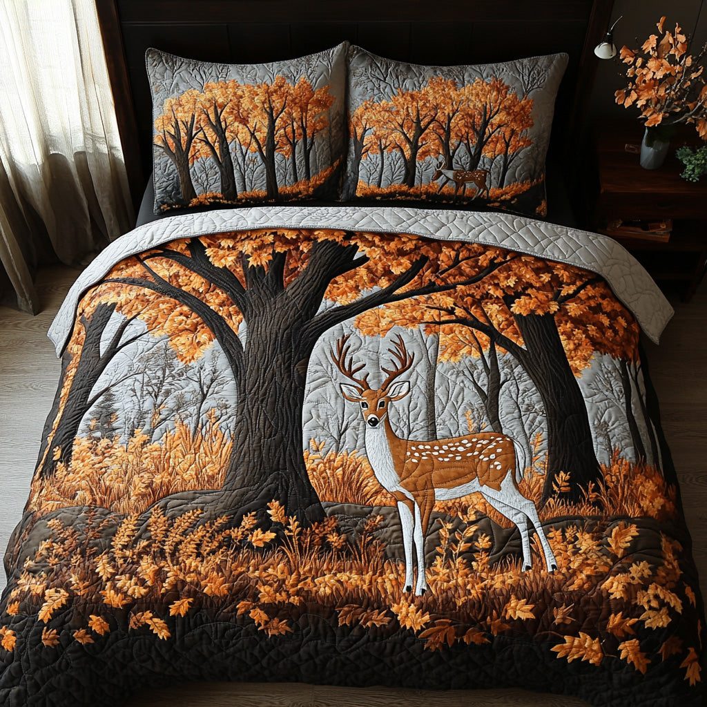 Whitetail Woods quilted 3-piece bedding set on a made bed with two matching pillow shams