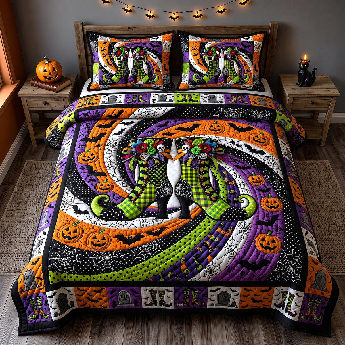 Wicked Magical Boots quilted 3-piece bedding set on a made bed in a rustic timber bedroom