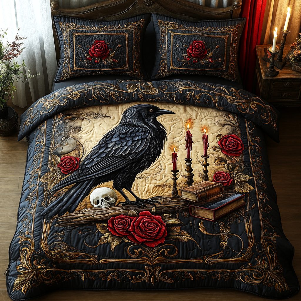 Wicked Raven quilted 3-piece bedding set on a made bed against a dark styled interior