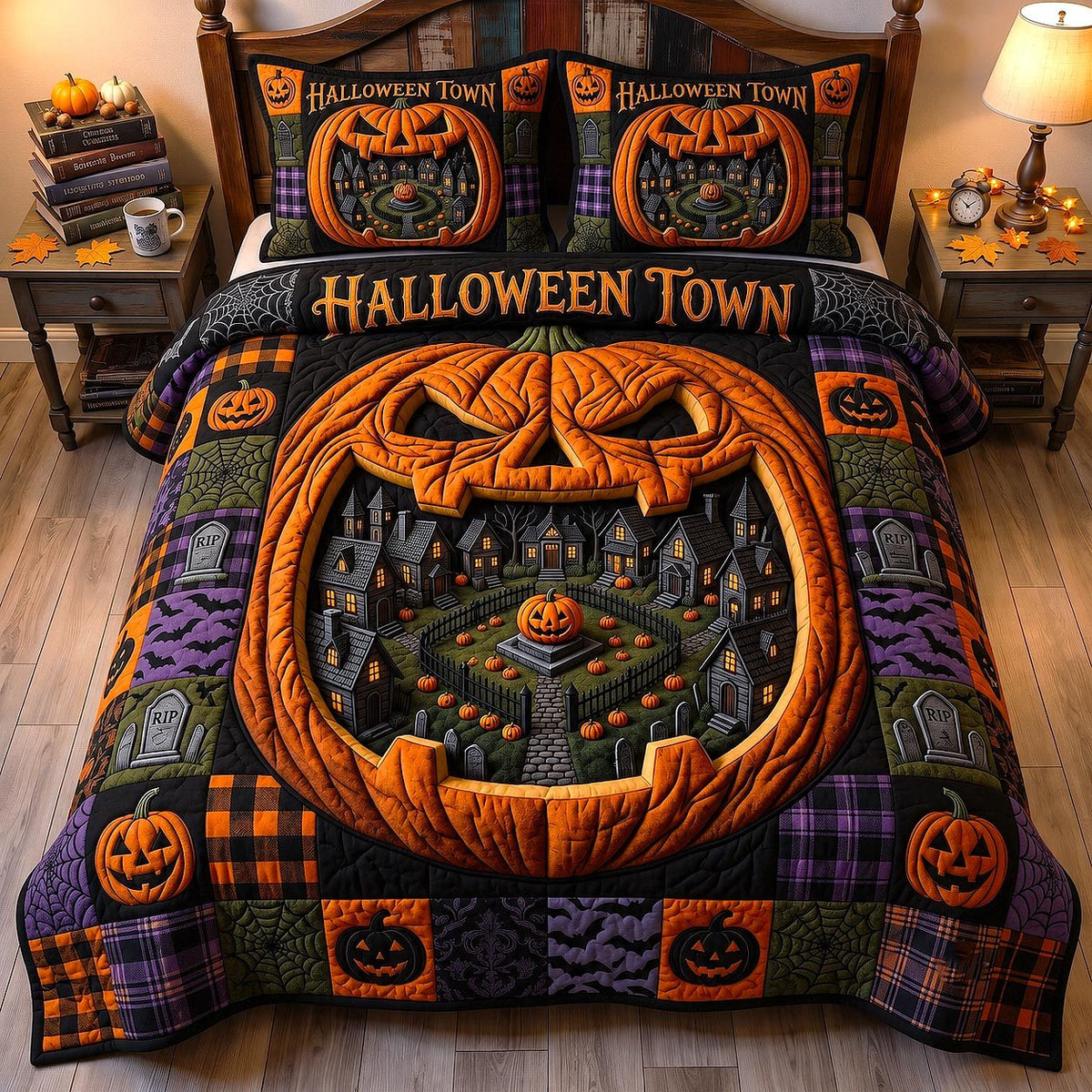 Wicked Village quilted 3-piece bedding set on a made bed with two matching pillow shams