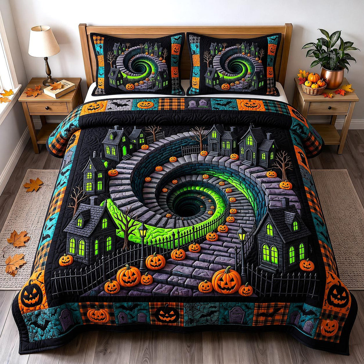 Wicked Village quilted 3-piece bedding set on a made bed with two matching pillow shams