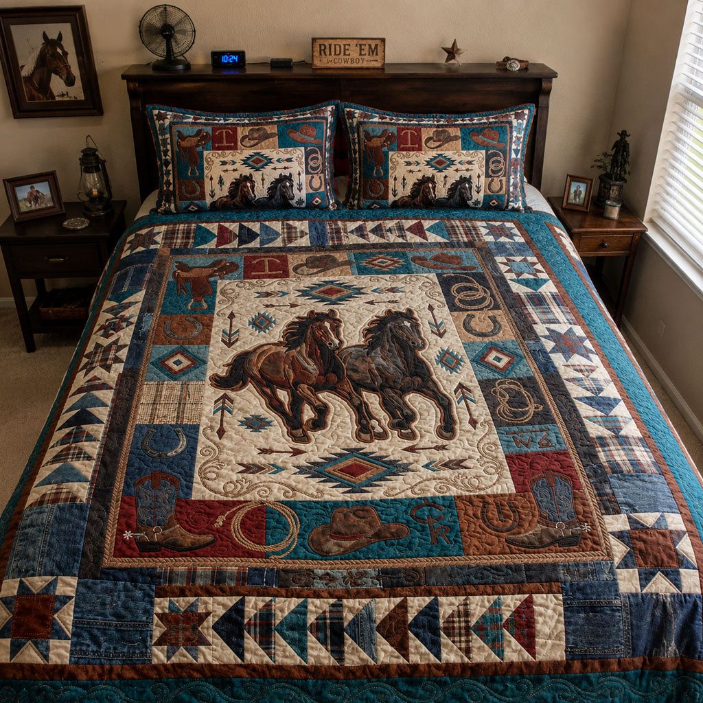 Wide Open Spaces quilted 3-piece bedding set on a made bed with two matching pillow shams