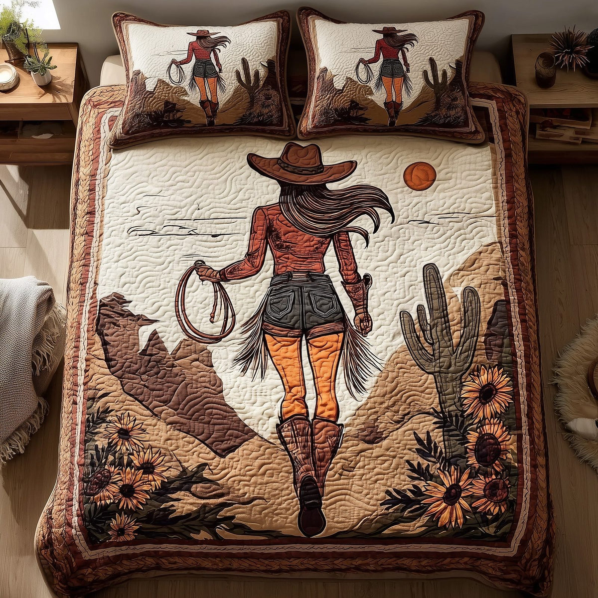 Wild and Free quilted 3-piece bedding set on a made bed with two matching pillow shams