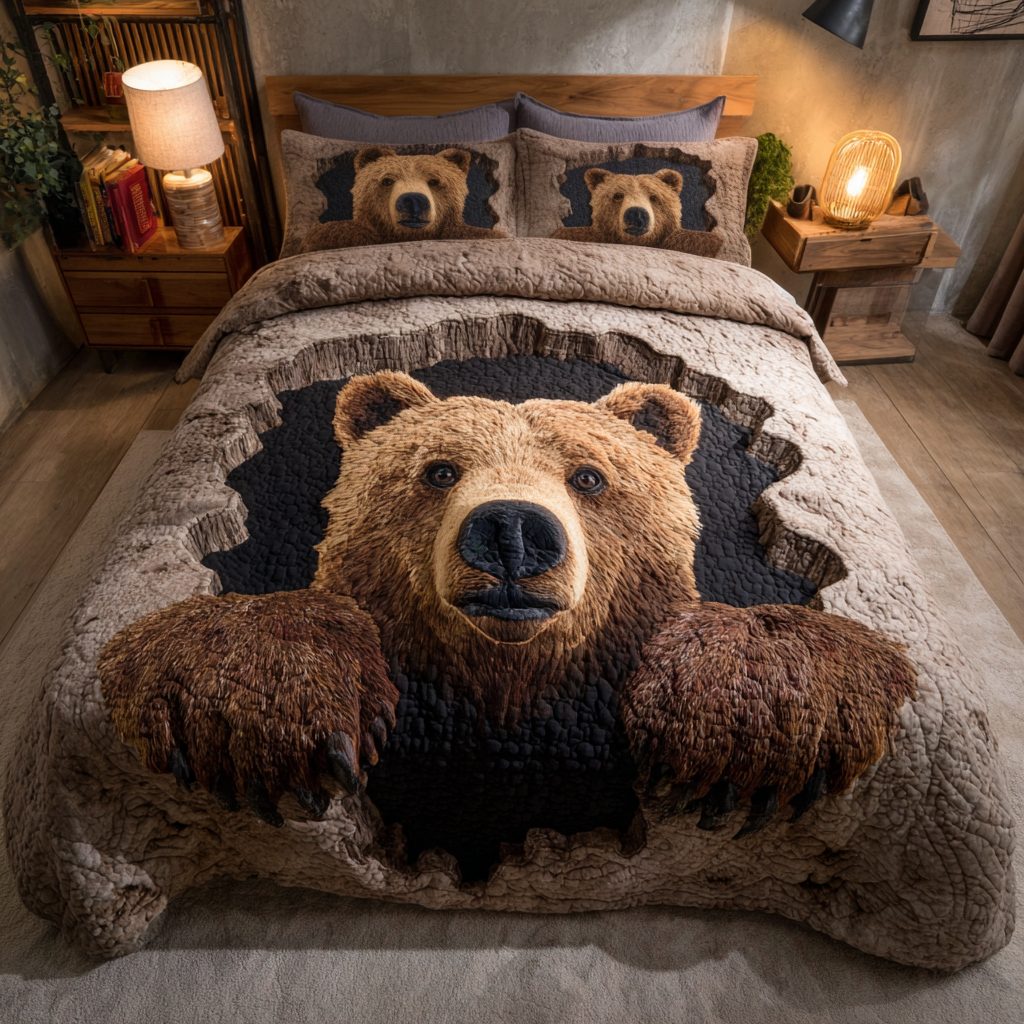 Wild Bear quilted 3-piece bedding set on a made bed with two matching pillow shams