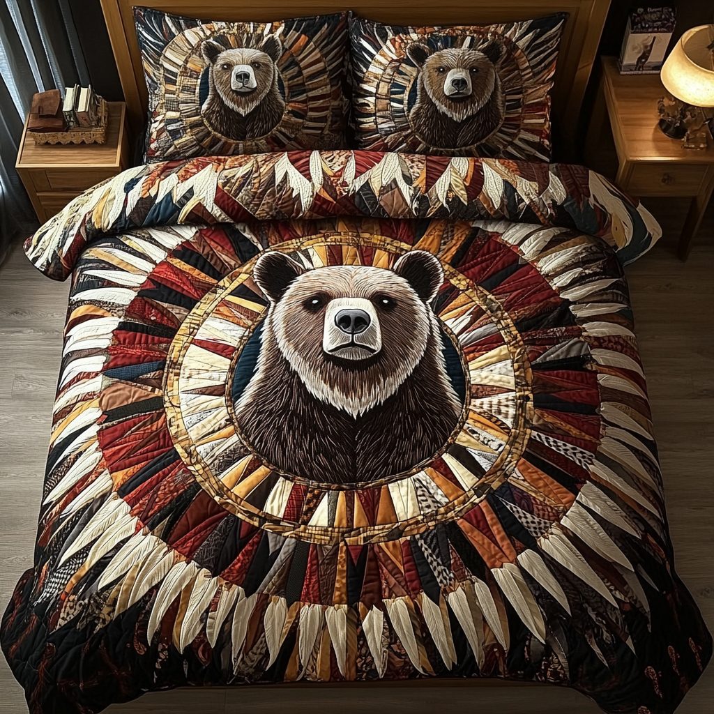 Wild Bear quilted 3-piece bedding set on a made bed with two matching pillow shams