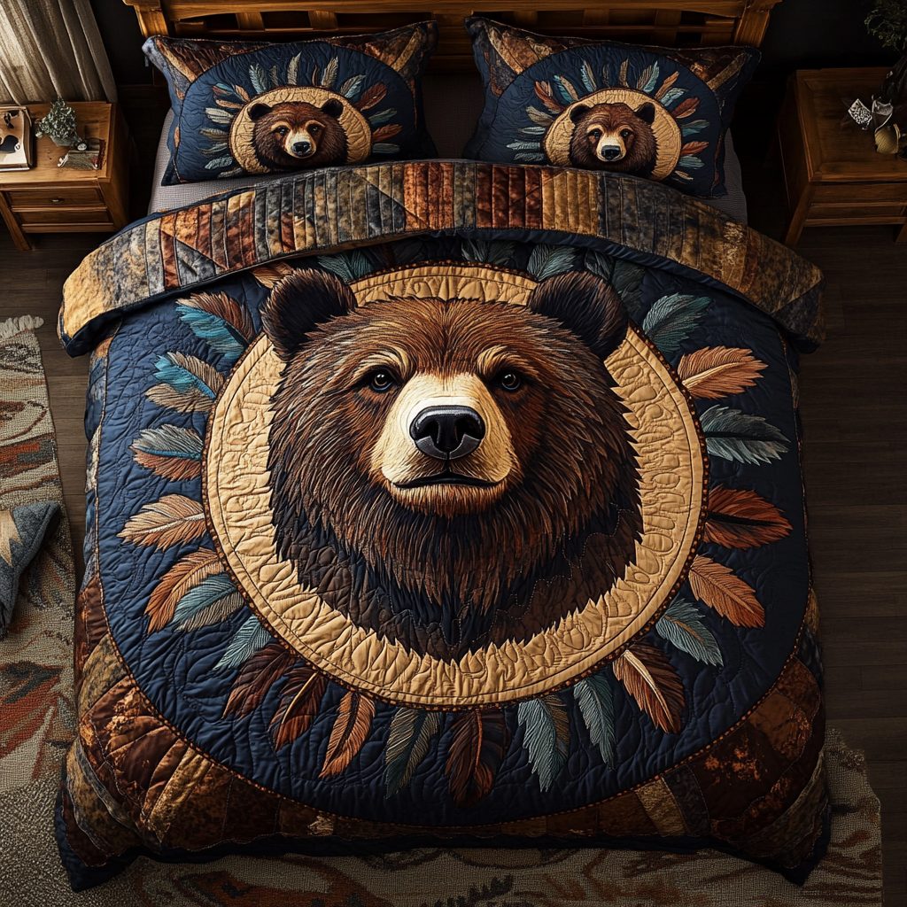 Wild Bear quilted 3-piece bedding set on a made bed with two matching pillow shams