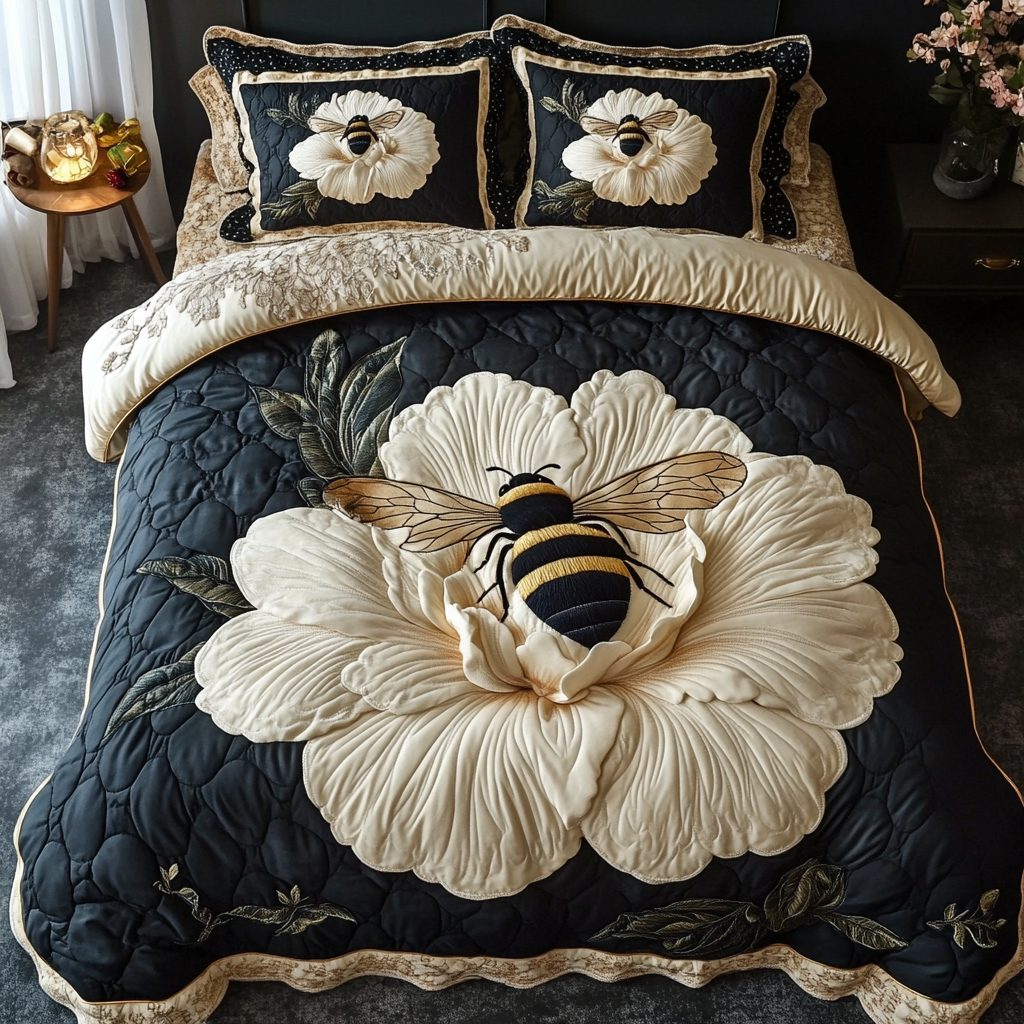 Wild Bee quilted 3-piece bedding set on a made bed with two matching pillow shams