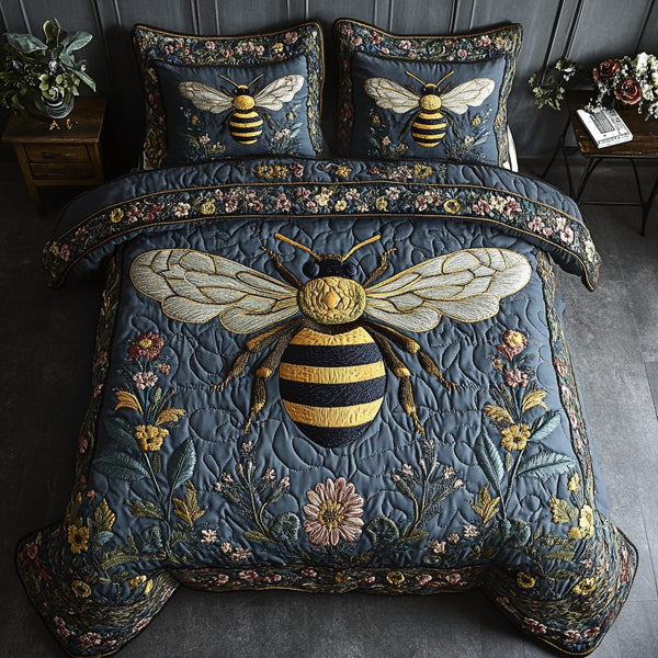Wild Bee quilted 3-piece bedding set on a made bed with two matching pillow shams