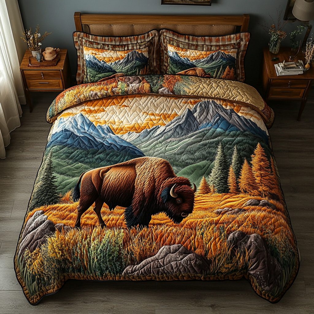 Wild Bison quilted 3-piece bedding set on a made bed in a rustic timber bedroom