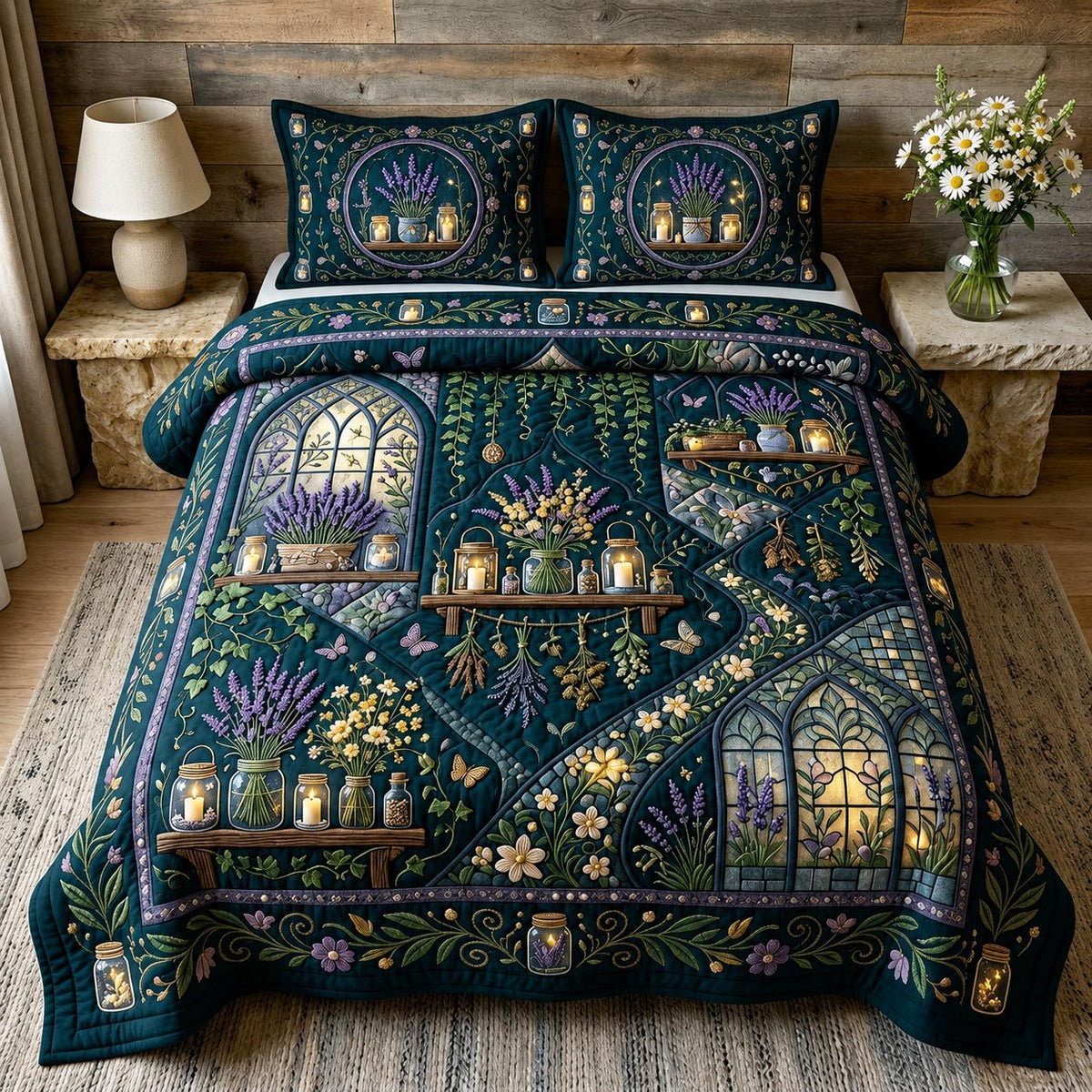 Wild Bloom quilted 3-piece bedding set on a made bed with two matching pillow shams