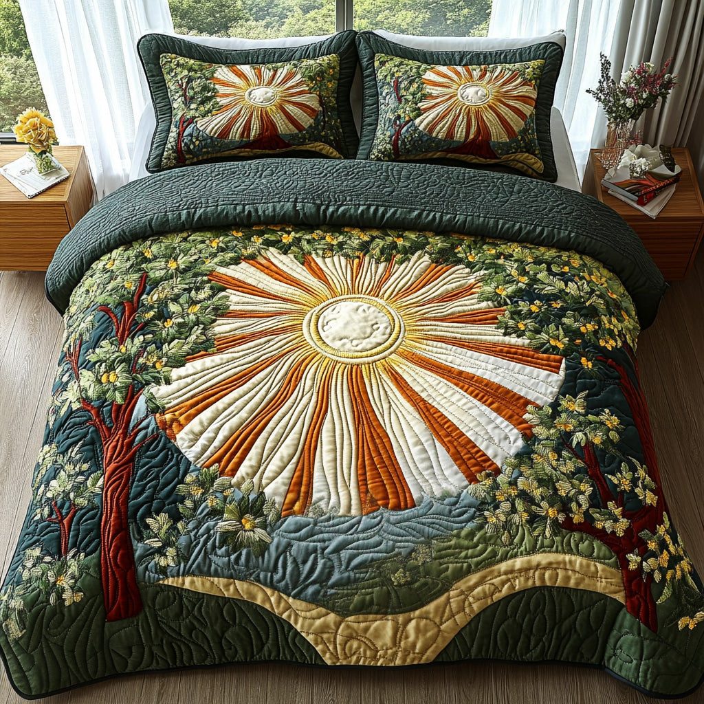 Wild Bloom quilted 3-piece bedding set on a made bed with two matching pillow shams
