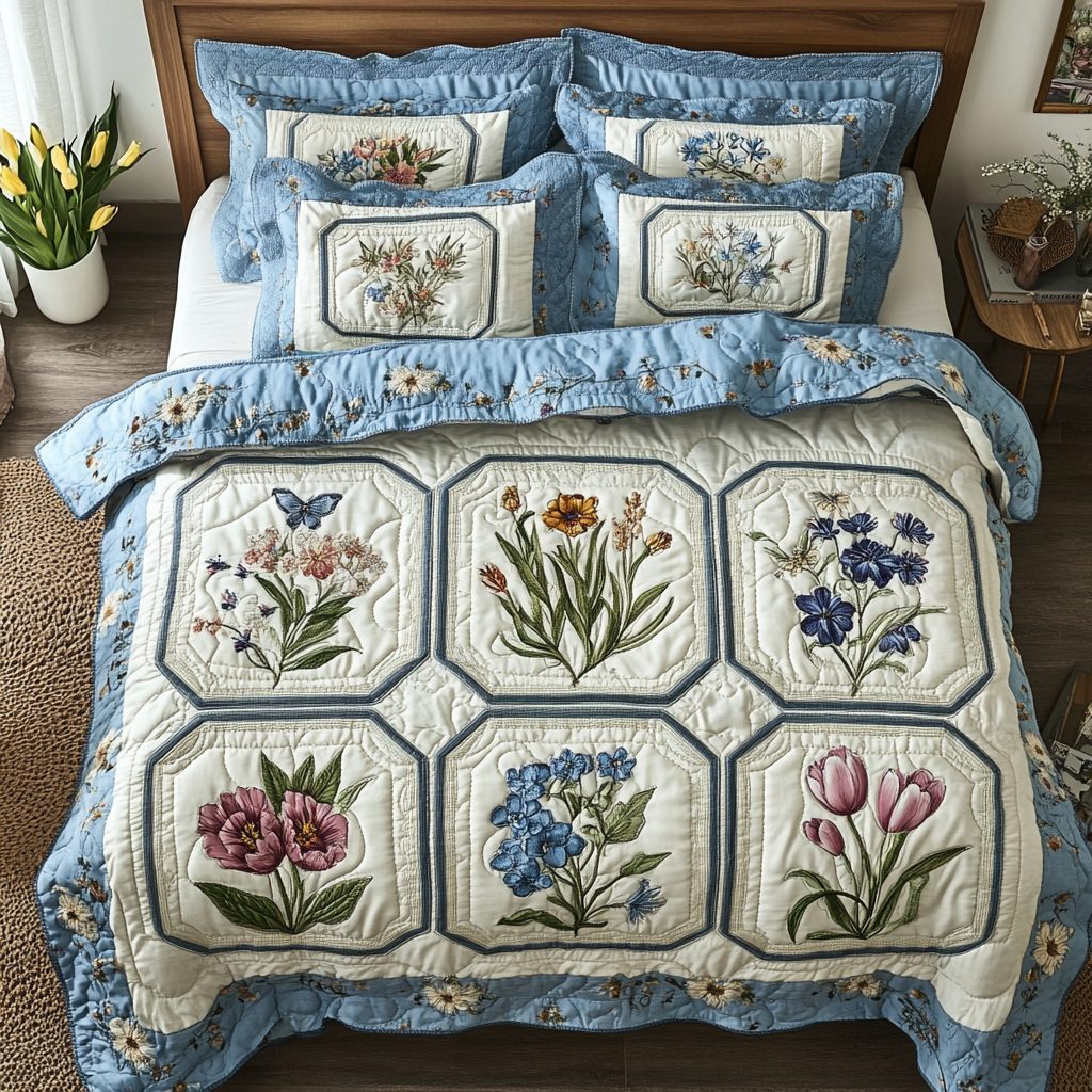 Wild Bloom quilted 3-piece bedding set on a made bed with two matching pillow shams