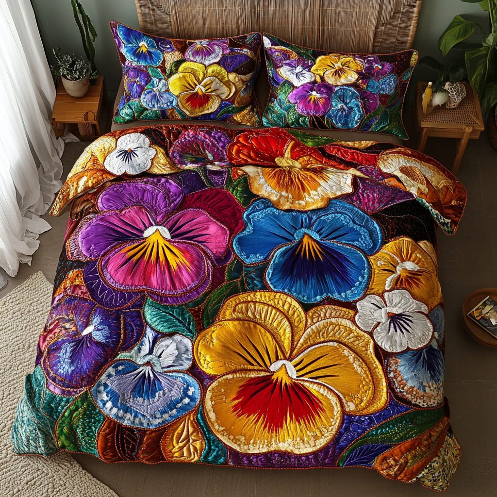 Wild Bloom quilted 3-piece bedding set on a made bed with two matching pillow shams
