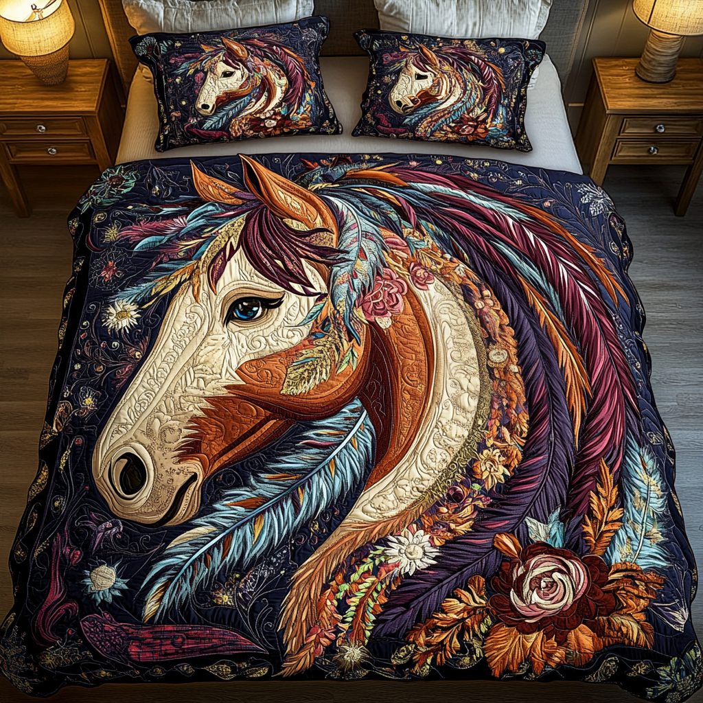 Wild Bloom quilted 3-piece bedding set on a made bed with two matching pillow shams
