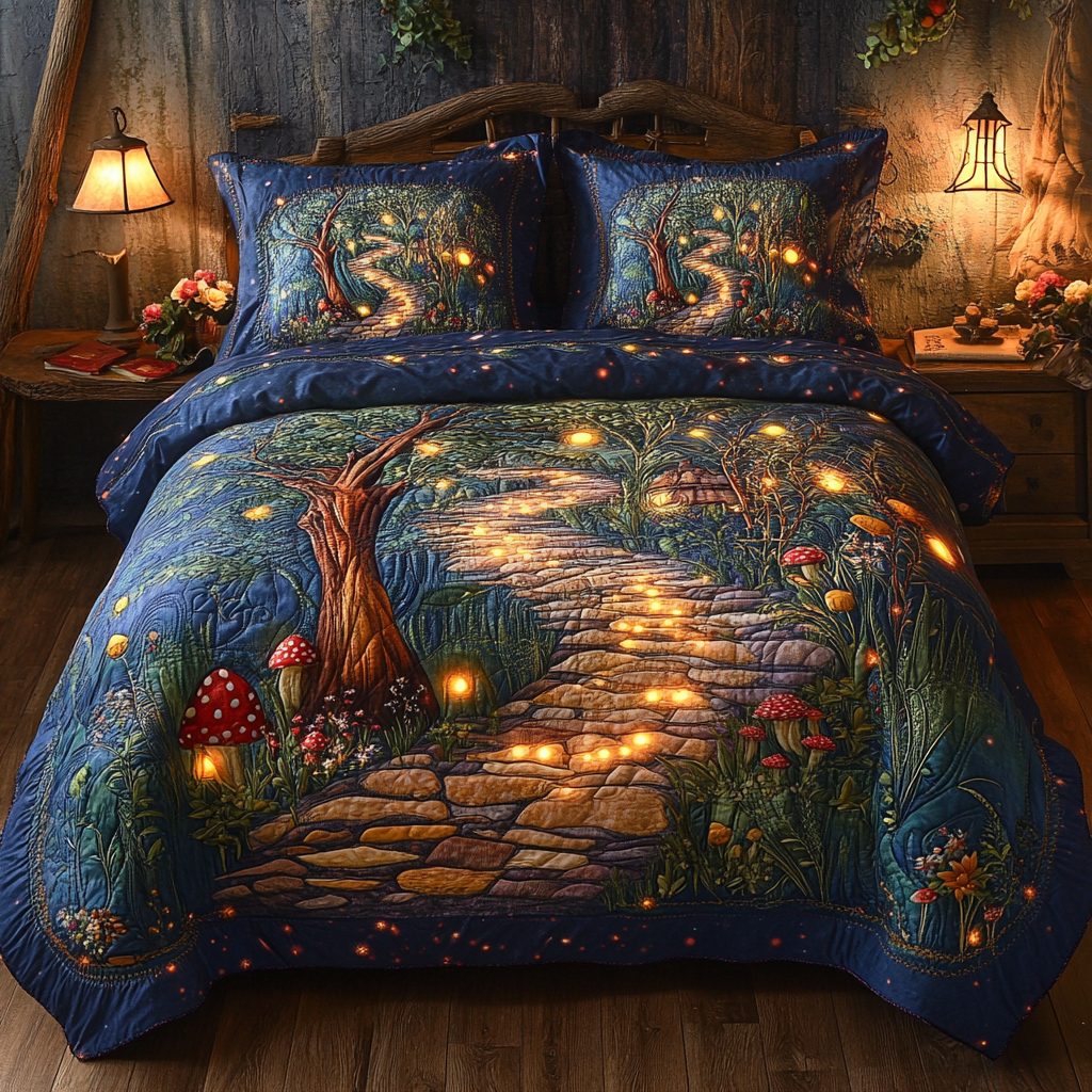 Wild Bloom quilted 3-piece bedding set on a made bed with two matching pillow shams