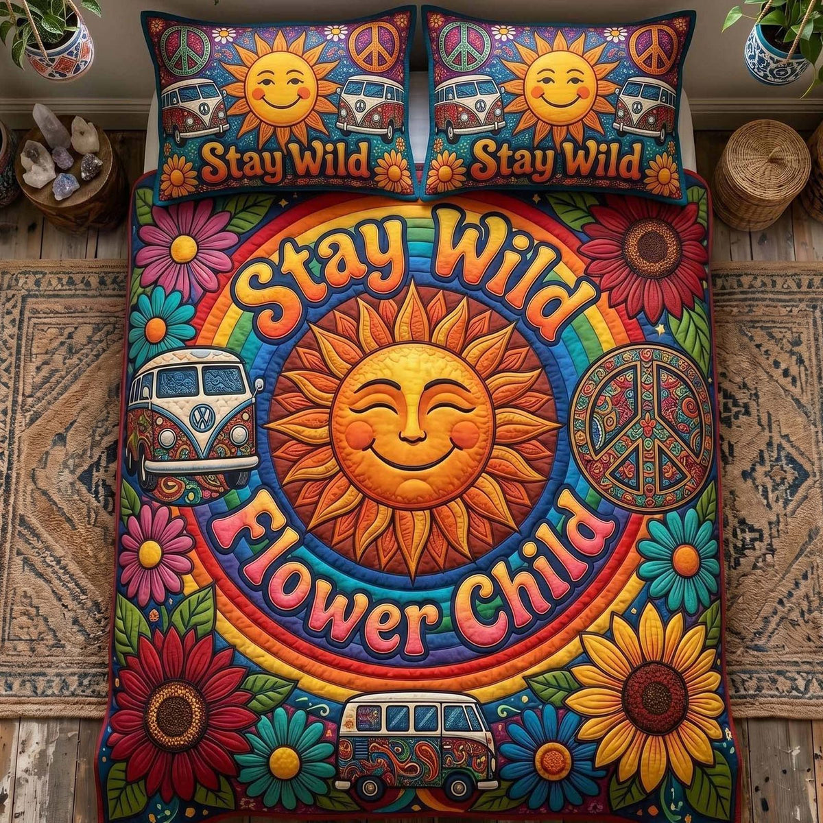 Wild Bloom quilted 3-piece bedding set on a made bed with two matching pillow shams