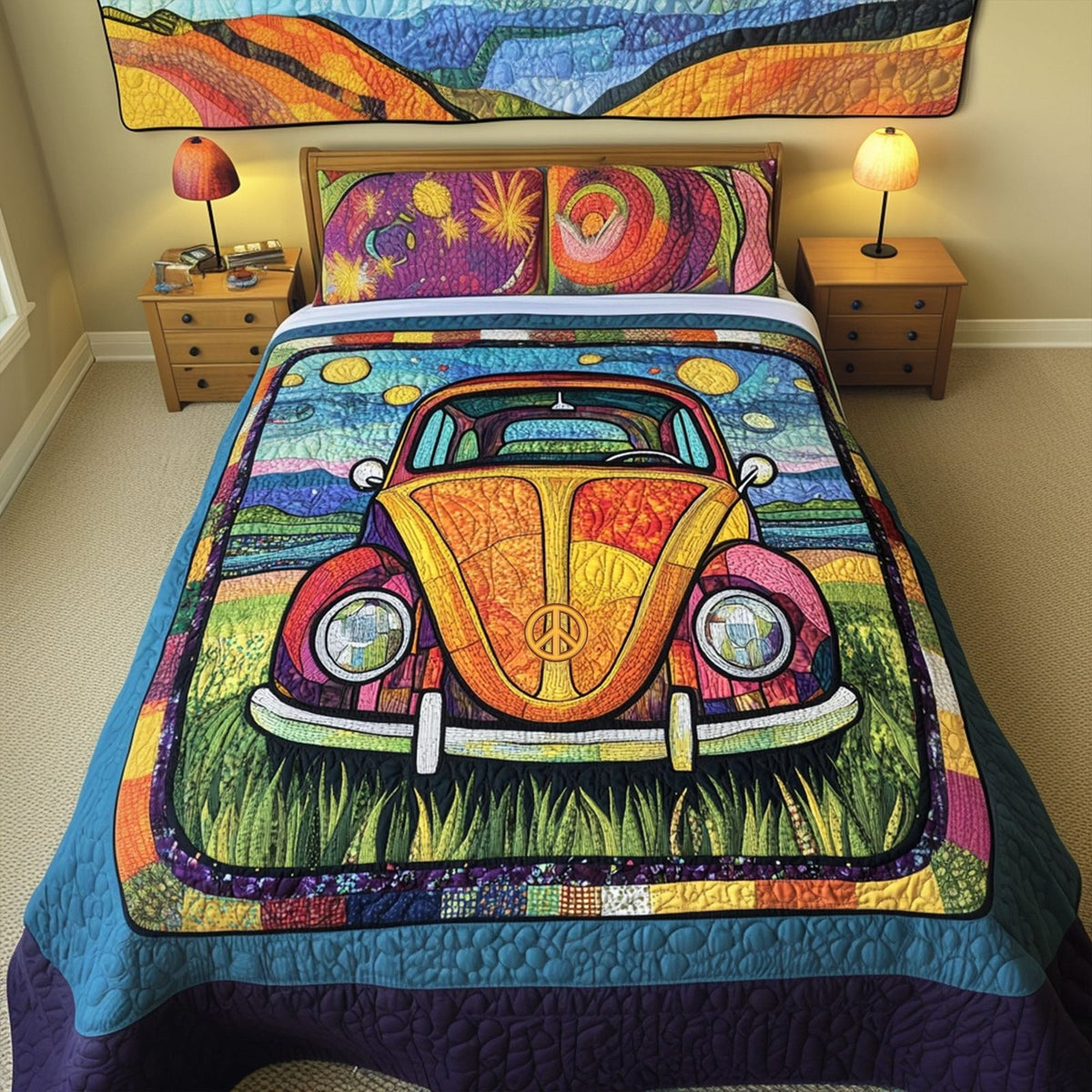 Wild Bug Love quilted 3-piece bedding set on a made bed with two matching pillow shams