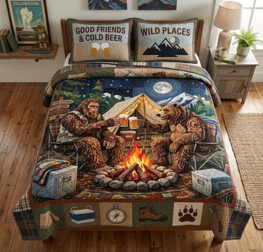 Wild Camp Crew quilted 3-piece bedding set on a made bed with two matching pillow shams