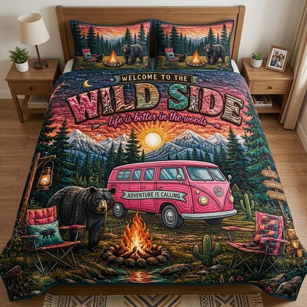 Wild Camp quilted 3-piece bedding set on a made bed with two matching pillow shams