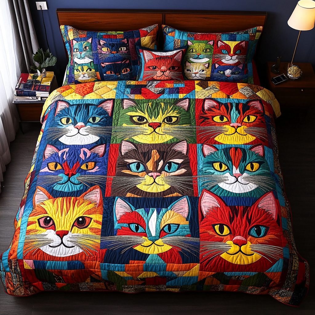 Wild Cat quilted 3-piece bedding set on a made bed with two matching pillow shams