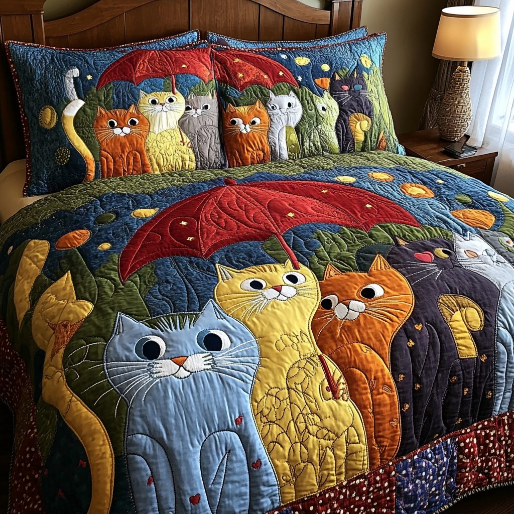 Wild Cat quilted 3-piece bedding set on a made bed with two matching pillow shams