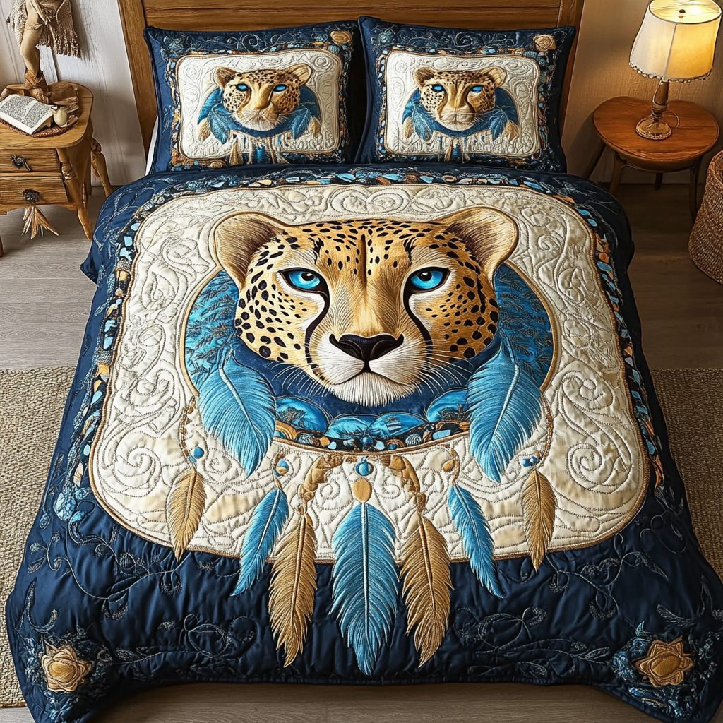 Wild Cheetah quilted 3-piece bedding set on a made bed with two matching pillow shams