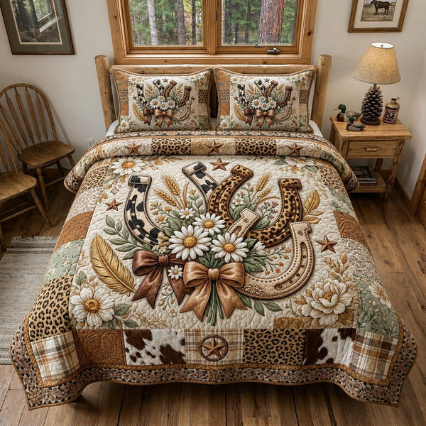 Wild Cowgirl quilted 3-piece bedding set on a made bed in a rustic timber bedroom