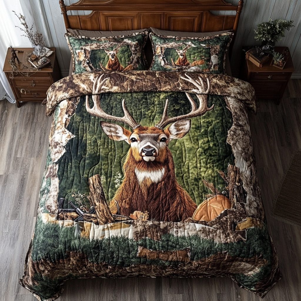 Wild Deer quilted 3-piece bedding set on a made bed with two matching pillow shams
