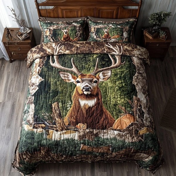 Wild Deer quilted 3-piece bedding set on a made bed with two matching pillow shams