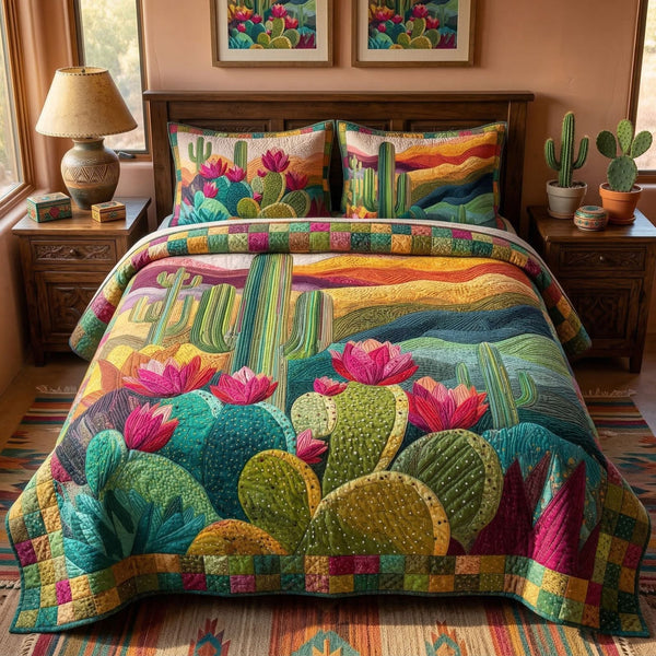 Wild Desert Garden quilted 3-piece bedding set on a made bed with two matching pillow shams