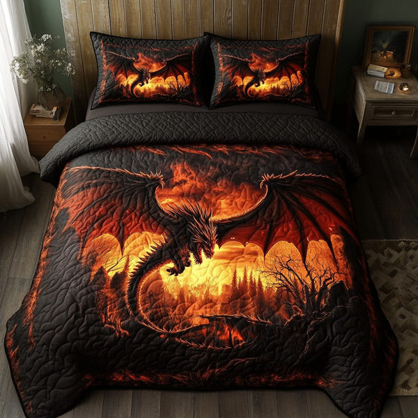 Wild Dragon quilted 3-piece bedding set on a made bed with two matching pillow shams