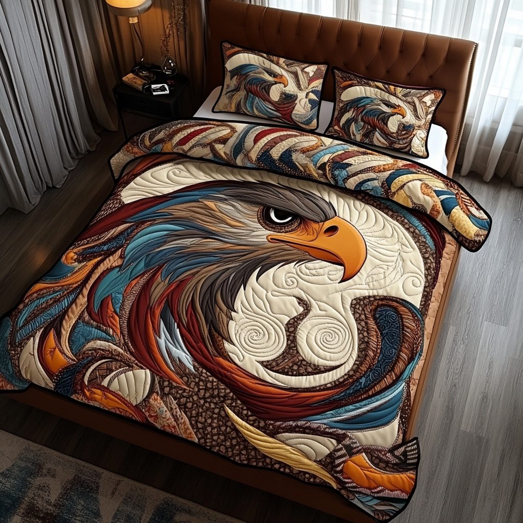 Wild Eagle quilted 3-piece bedding set on a made bed in a warmly lit bedroom
