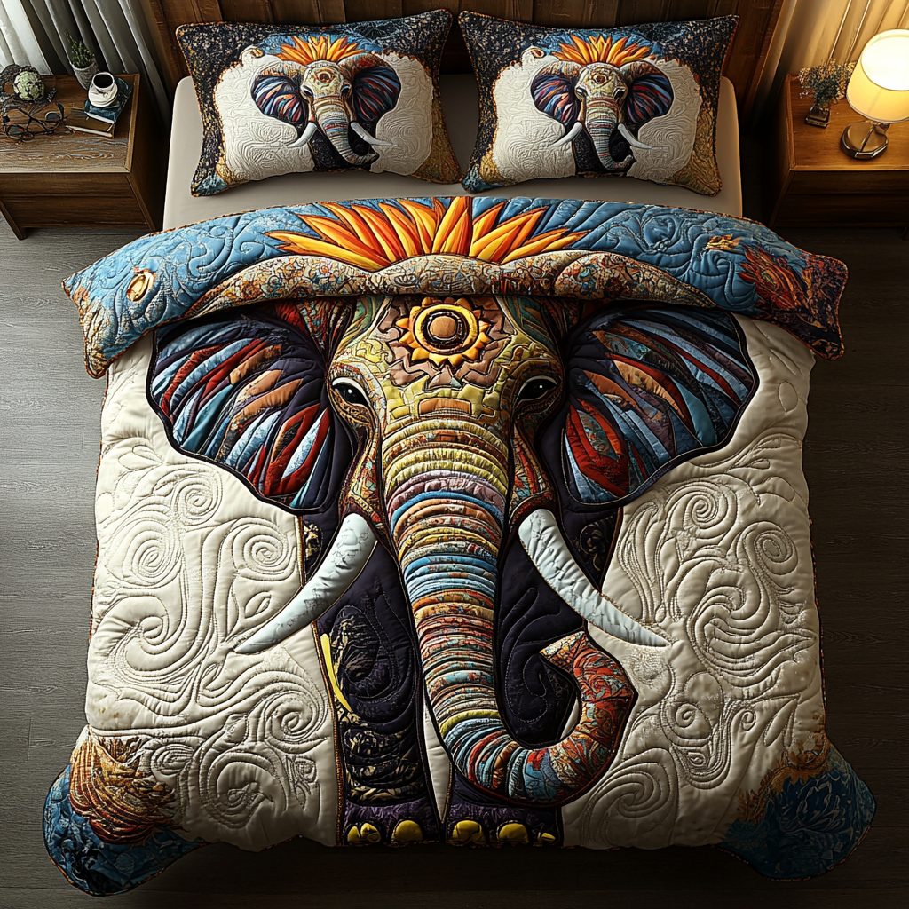Wild Elephant quilted 3-piece bedding set on a made bed with two matching pillow shams