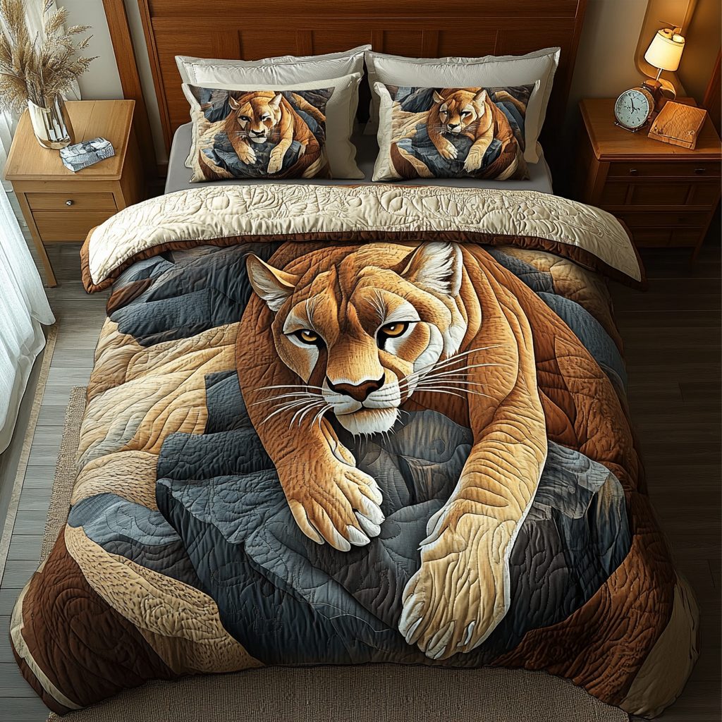 Wild Encounter quilted 3-piece bedding set on a made bed with two matching pillow shams