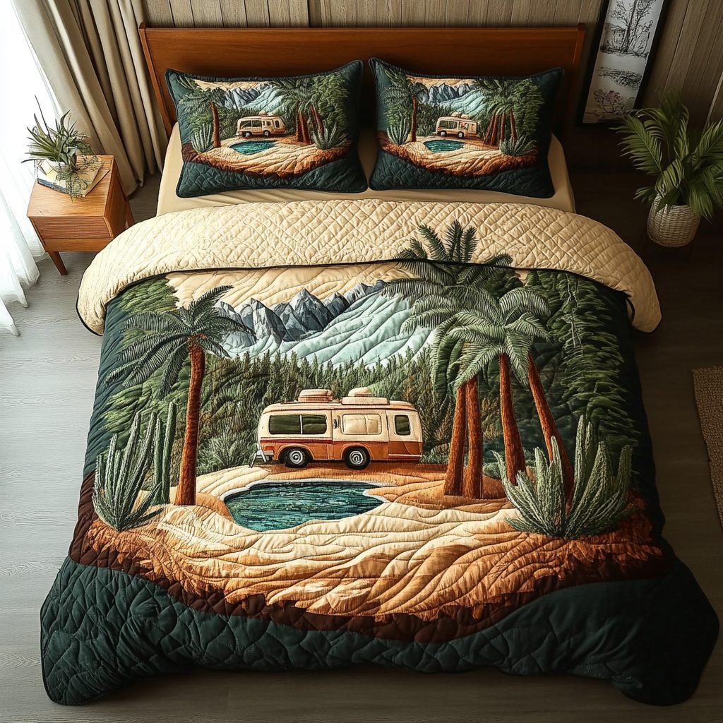 Wild Escape quilted 3-piece bedding set on a made bed with two matching pillow shams