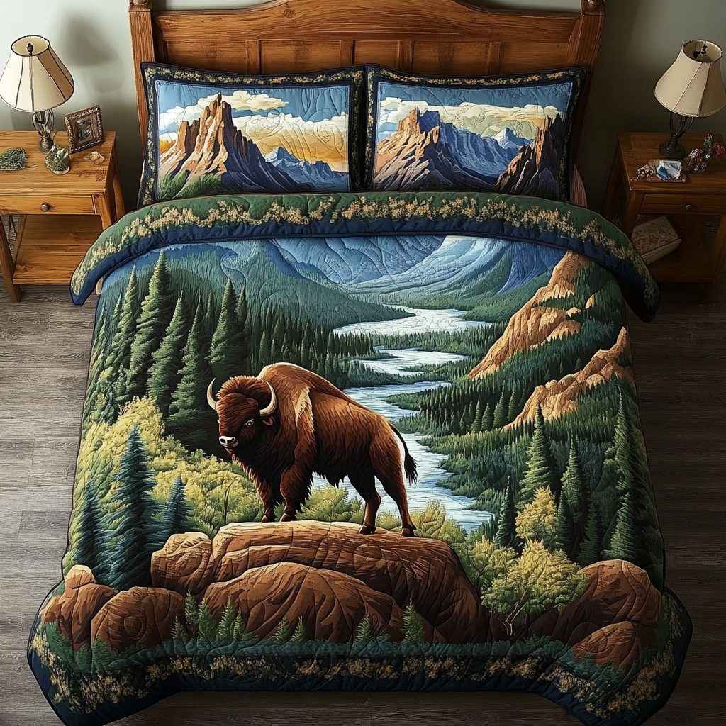 Wild Escape quilted 3-piece bedding set on a made bed with two matching pillow shams
