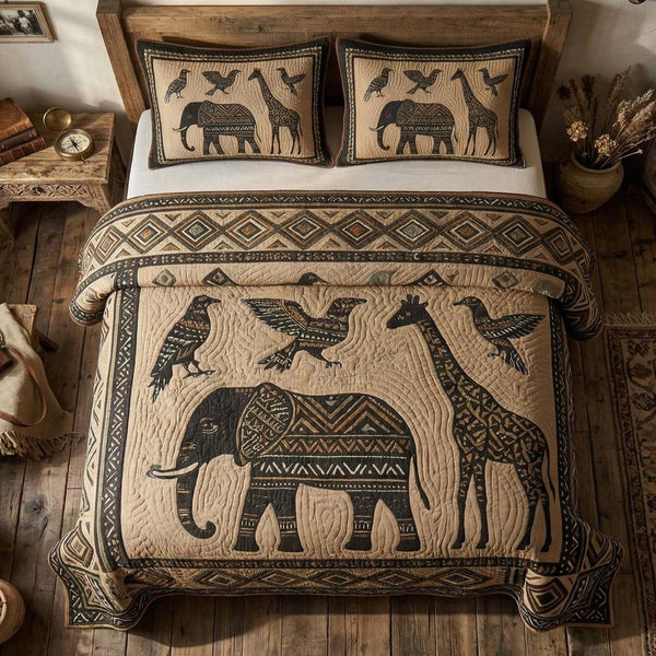 Wild Essence quilted 3-piece bedding set on a made bed with two matching pillow shams
