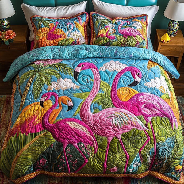 Wild Flamingo quilted 3-piece bedding set on a made bed with two matching pillow shams