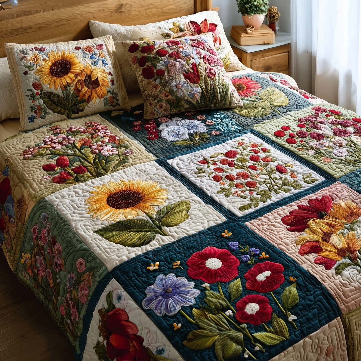 Wild Flora quilted 3-piece bedding set on a made bed with two matching pillow shams