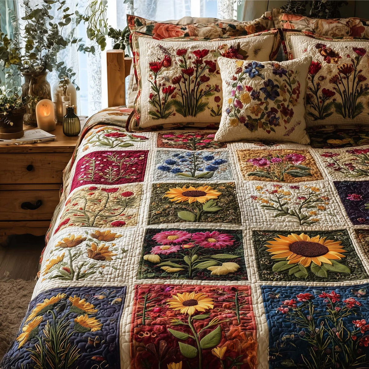 Wild Flora quilted 3-piece bedding set on a made bed with two matching pillow shams