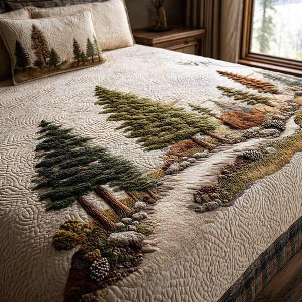 Wild Forest quilted 3-piece bedding set on a made bed with two matching pillow shams