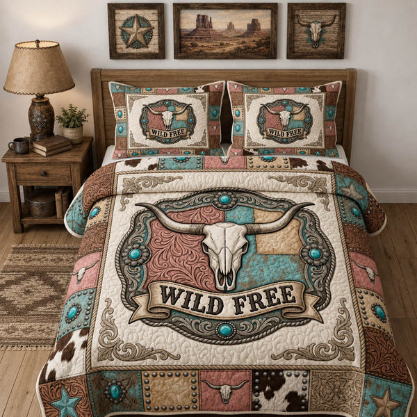 Wild Free Longhorn quilted 3-piece bedding set on a made bed in a rustic timber bedroom