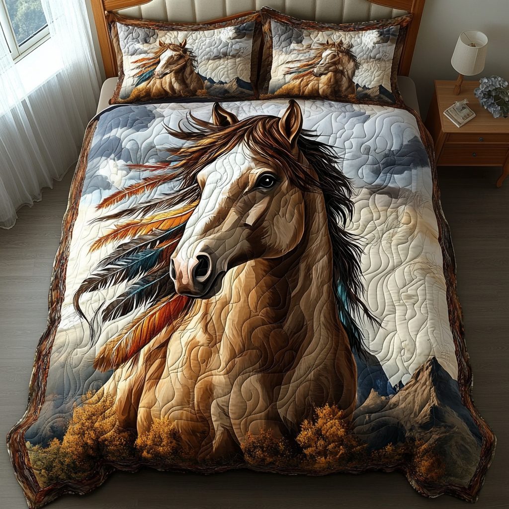 Wild Freedom quilted 3-piece bedding set on a made bed in a warmly lit bedroom