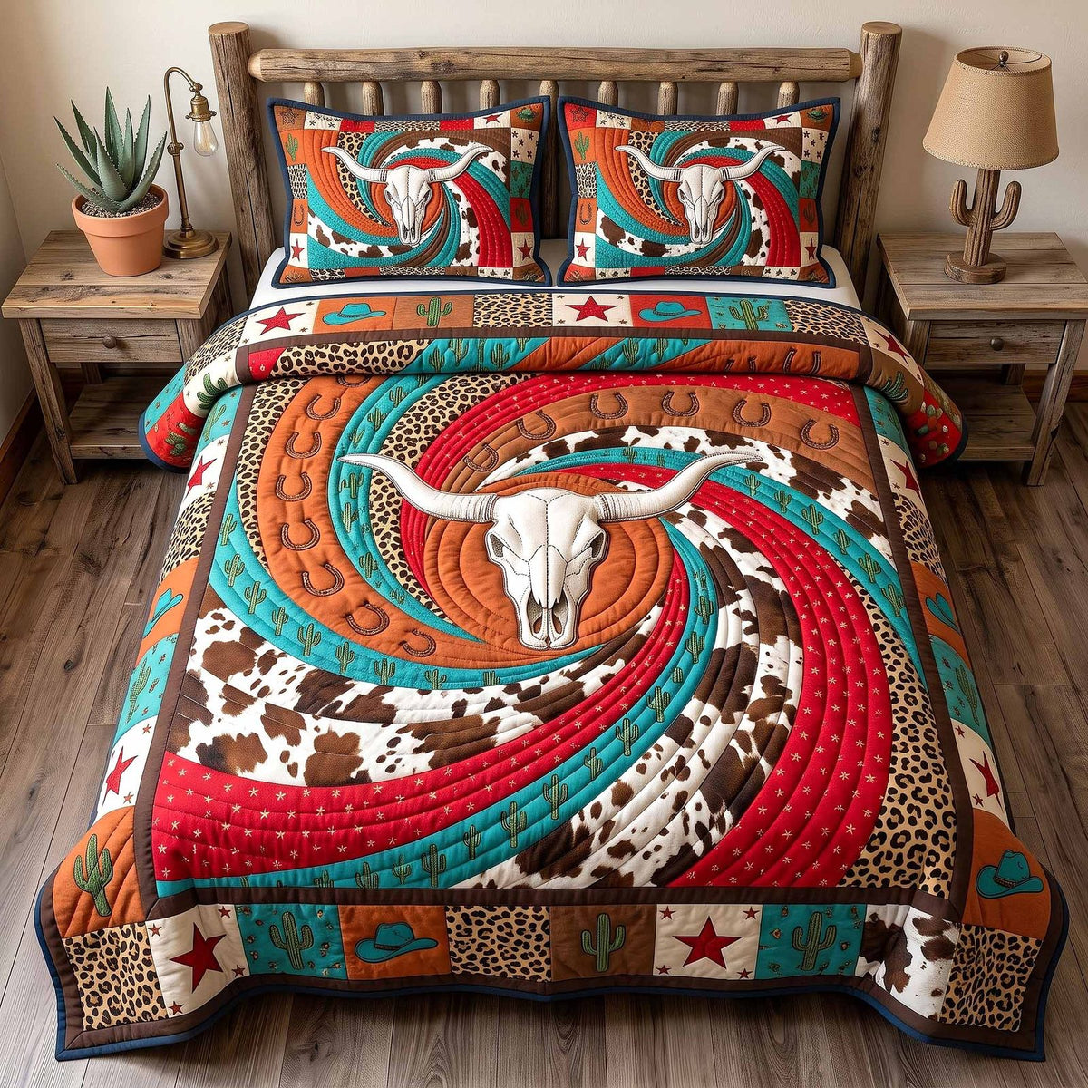 Wild Frontier quilted 3-piece bedding set on a made bed in a rustic timber bedroom