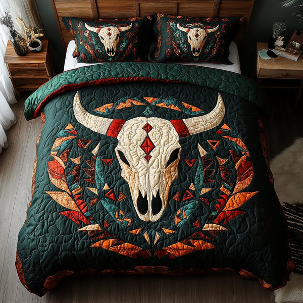 Wild Frontier quilted 3-piece bedding set on a made bed in a rustic timber bedroom