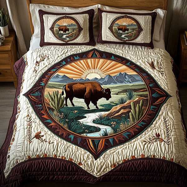 Wild Frontier quilted 3-piece bedding set on a made bed in a rustic timber bedroom