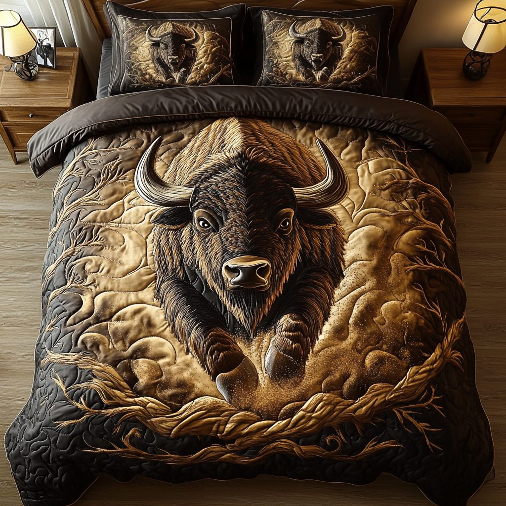 Wild Frontier quilted 3-piece bedding set on a made bed in a rustic timber bedroom