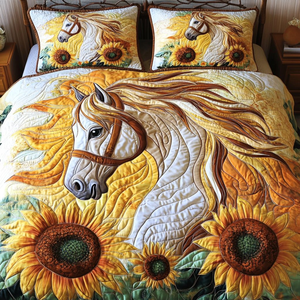 Wild Gallop quilted 3-piece bedding set on a made bed with two matching pillow shams