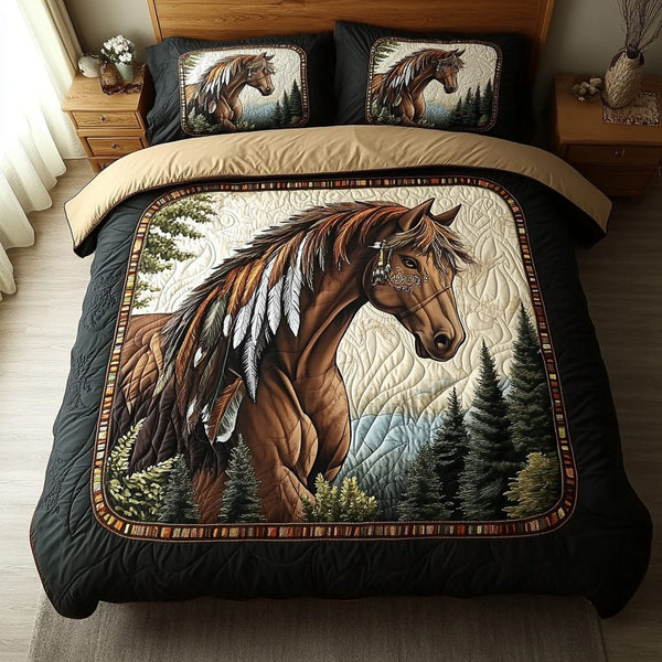 Wild Gallop quilted 3-piece bedding set on a made bed with two matching pillow shams