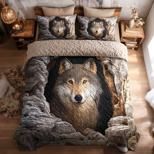 Wild Gaze quilted 3-piece bedding set on a made bed with two matching pillow shams